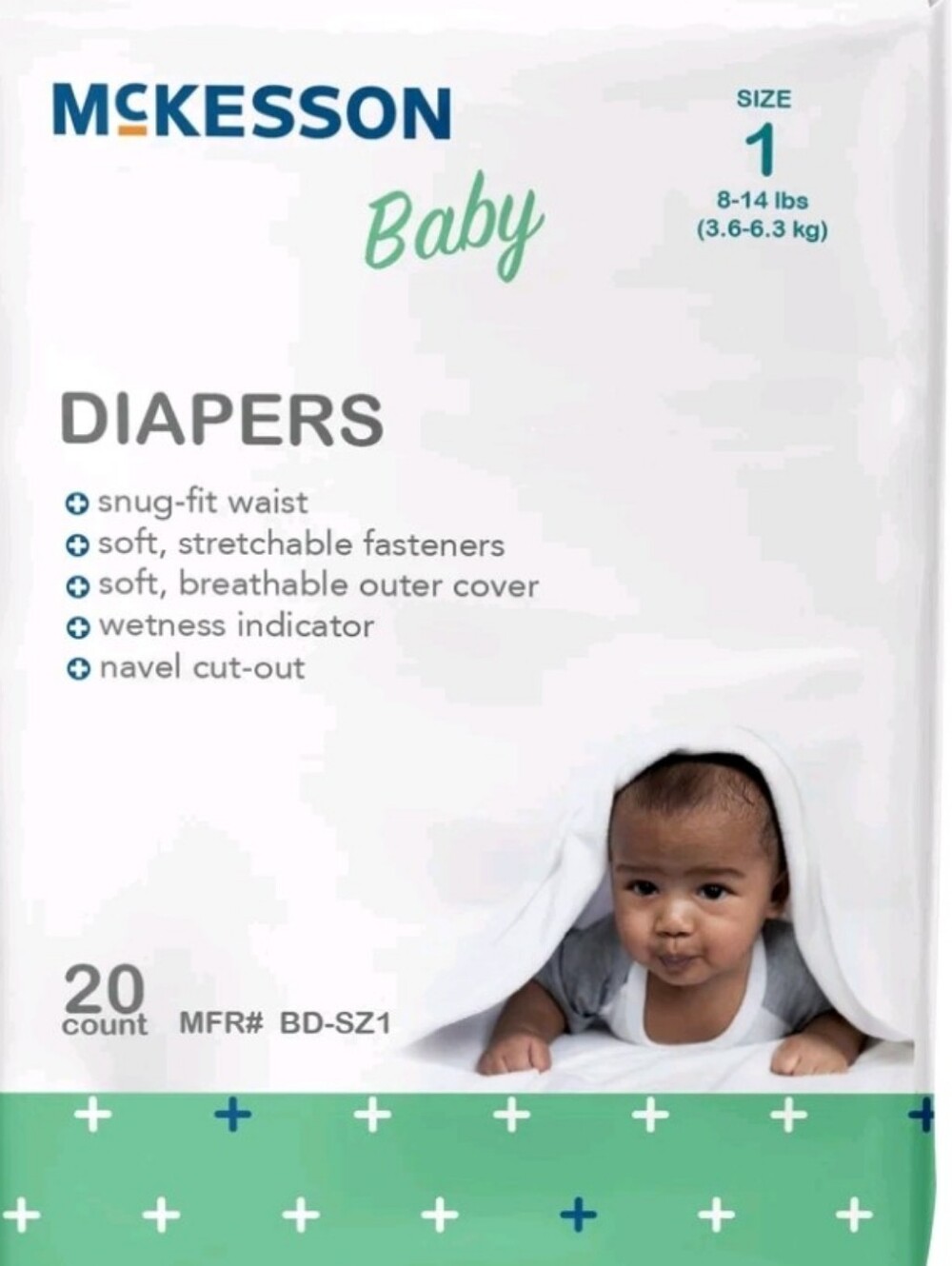 Baby Size 1 Diapers - Green/White, 20 Count. 5 Packages Bundle.
